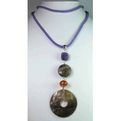 Lilac silk necklace with Tahiti mother of pearl, carnelian, brown labradorite and amethyst