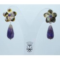 Flower earrings with black carved Tahiti mother of pearl, amethyst cabochon and faceted teardrop