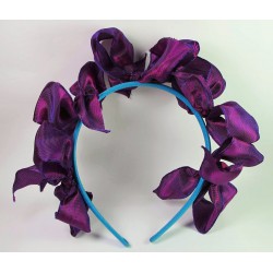 Purple taffeta bows on satin turquoise headband