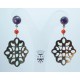 Earrings with carved black Tahiti mother of pearl, amethyst cabochon and red coral