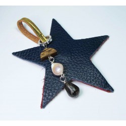 Keychain with wood, astrophyllite, pearl and leather