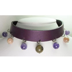 Double face (purple and brown) genuine leather choker with labradorite, pink moonstone and amethyst