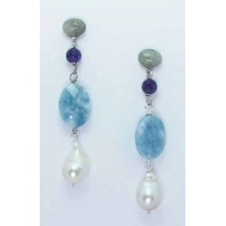 Earrings with oval cabochon labradorite, amethyst, aquamarine and baroque freshwater pearls