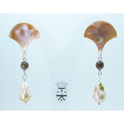 Mother of pearl earrings with smoky quartz and baroque pearls