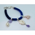 Elecrtic blue velvet bracelet with baroque pearls, jasper and amethyst