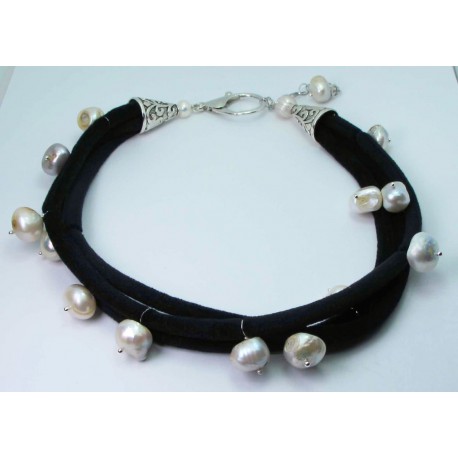 Multistrand black velvet necklace with white baroque pearls