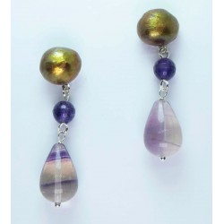 Earrings with brown pearls, amethysts and fluorite