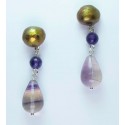 Earrings with brown pearls, amethysts and fluorite