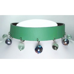 Double face genuine leather choker with fluorite and peacock pearls